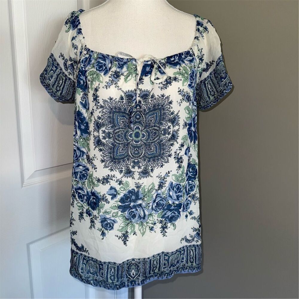 Joie‎ Taj Delft Blue Women's XS Silk Floral Peasant Blouse Square Neck Boho